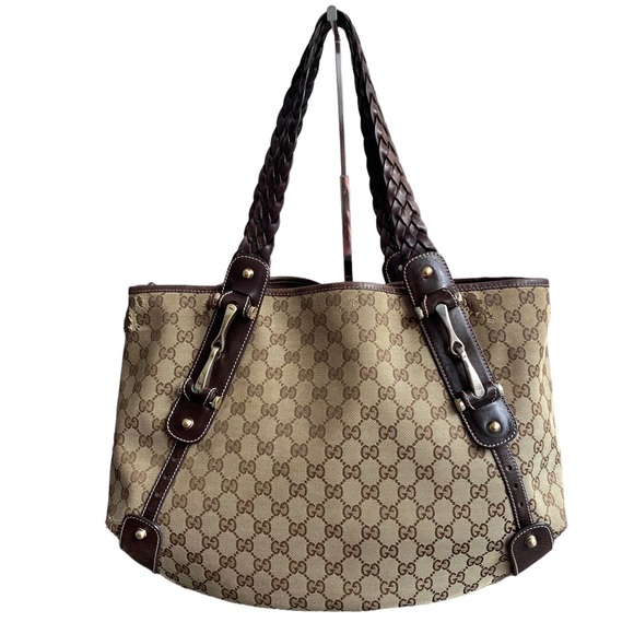 GUCCI Authentic Canvas Pelham Tote Bag Braided Leather Straps Horsebit Accents** - Picture 1 of 15
